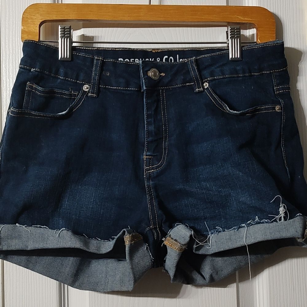 Roebuck & Co dark denim jean rough hem mid rise short shorts Sz 10 NWOT - Picture 2 of 5